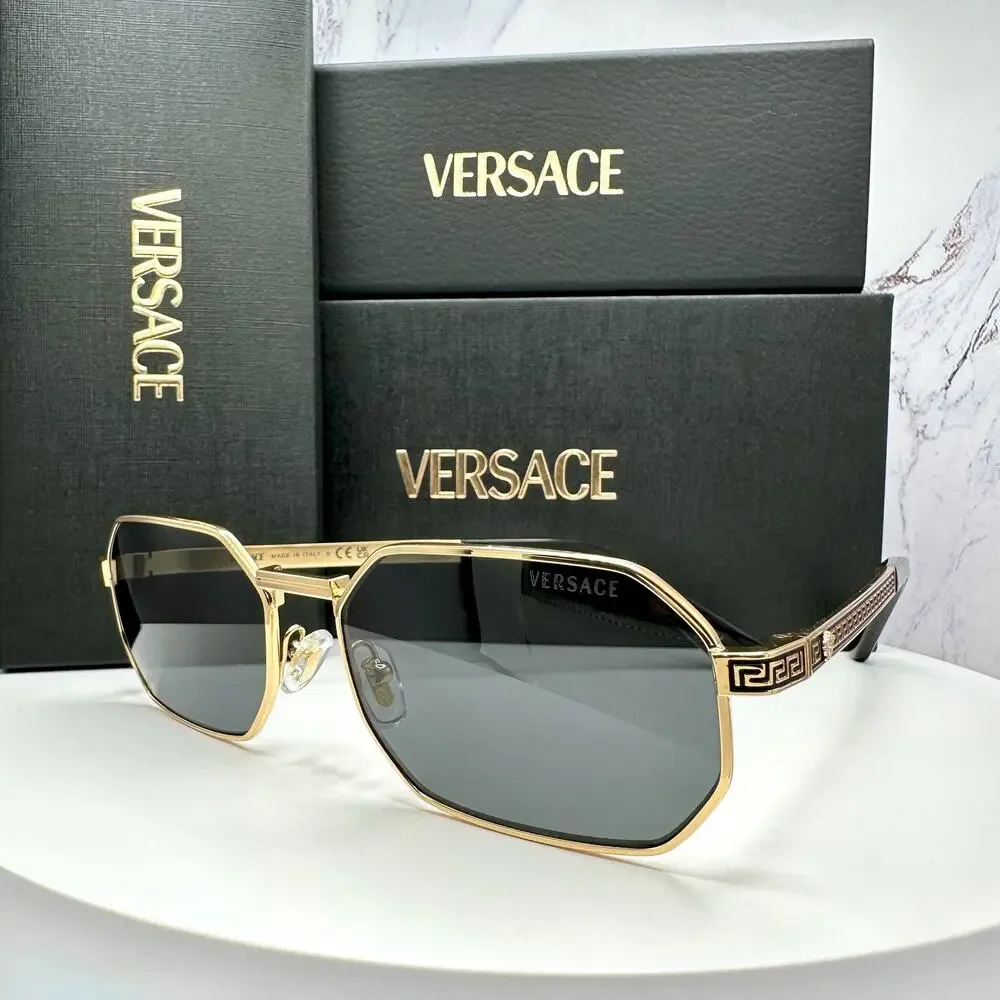 New VERSACE Sunglasses Gold Metal Rectangle Greca Logo Grey Lens Retro Authentic
